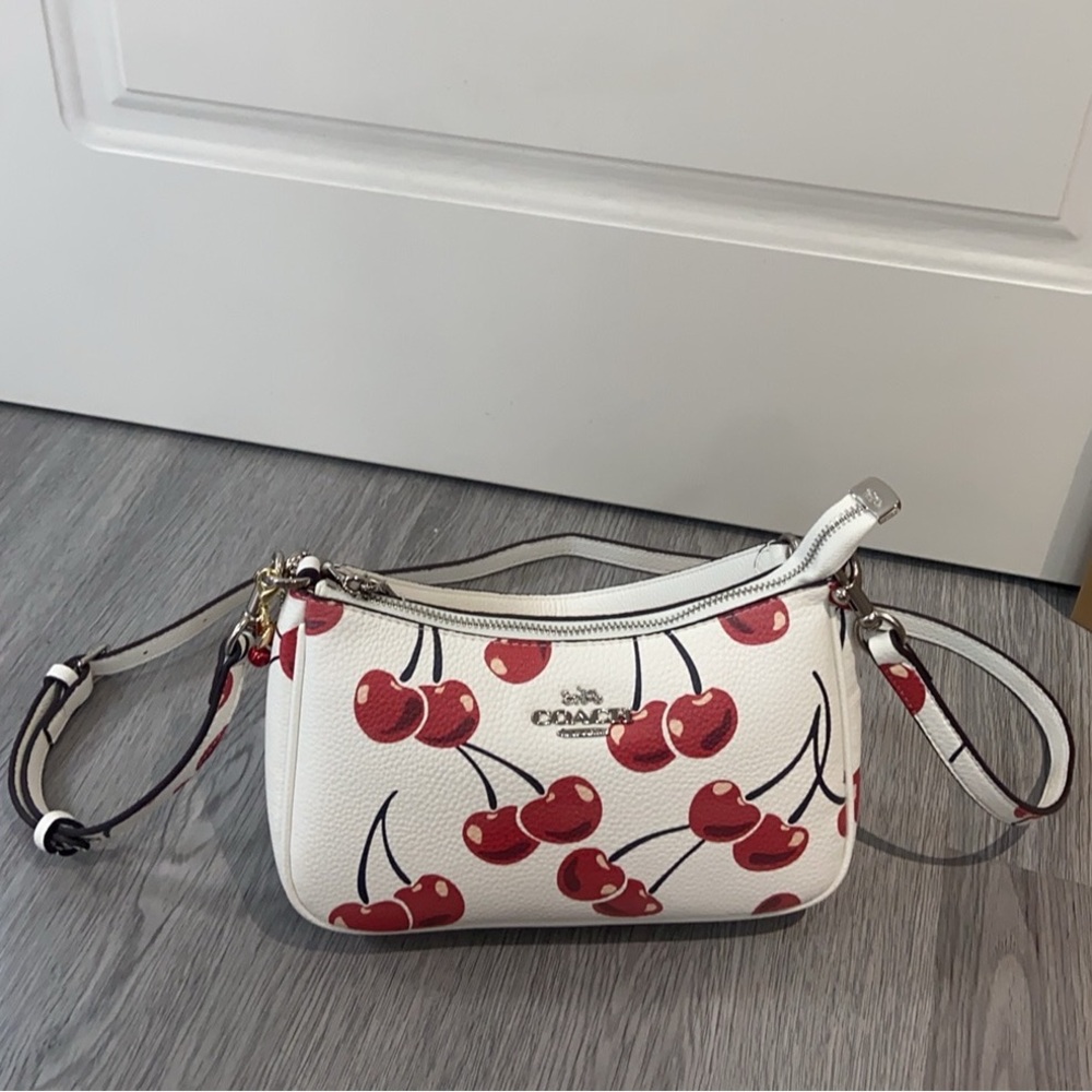 Coach White Pebbled Leather Crossbody with Red Cherry Print